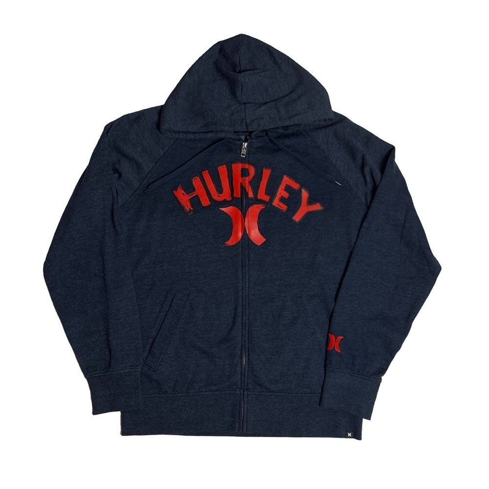 Hurley Men's Full Zip Up Blue Fleece Hoodie Red Logo Size Medium